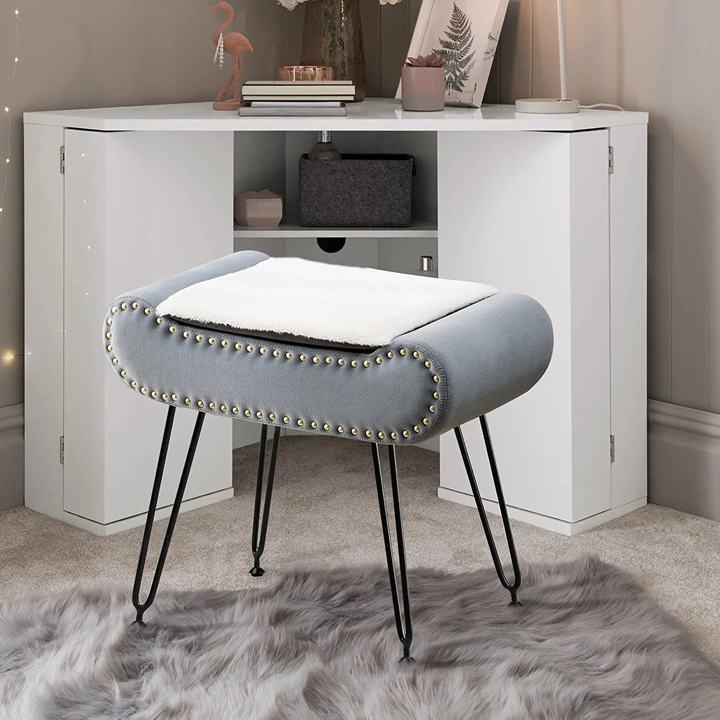 Velvet Upholstered Footrest Faux Fur Square Storage Ottoman, Coffee Table Makeup Stool with Plating Black Metal Legs for Living Room, Bedroom, Bathroom Large Vanity Benches Gray
