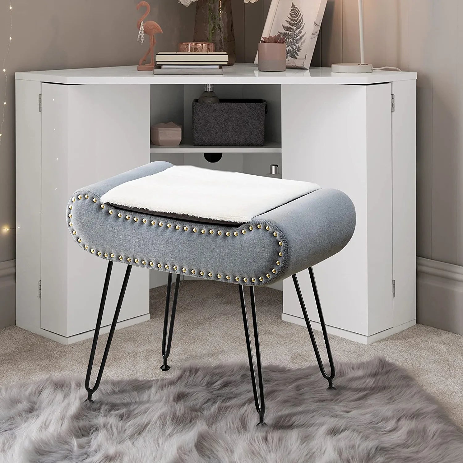 Velvet Upholstered Footrest Faux Fur Square Storage Ottoman, Coffee Table Makeup Stool with Plating Black Metal Legs for Living Room, Bedroom, Bathroom Large Vanity Benches Gray