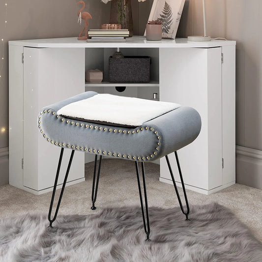 Velvet Upholstered Footrest Faux Fur Square Storage Ottoman, Coffee Table Makeup Stool with Plating Black Metal Legs for Living Room, Bedroom, Bathroom Large Vanity Benches Gray