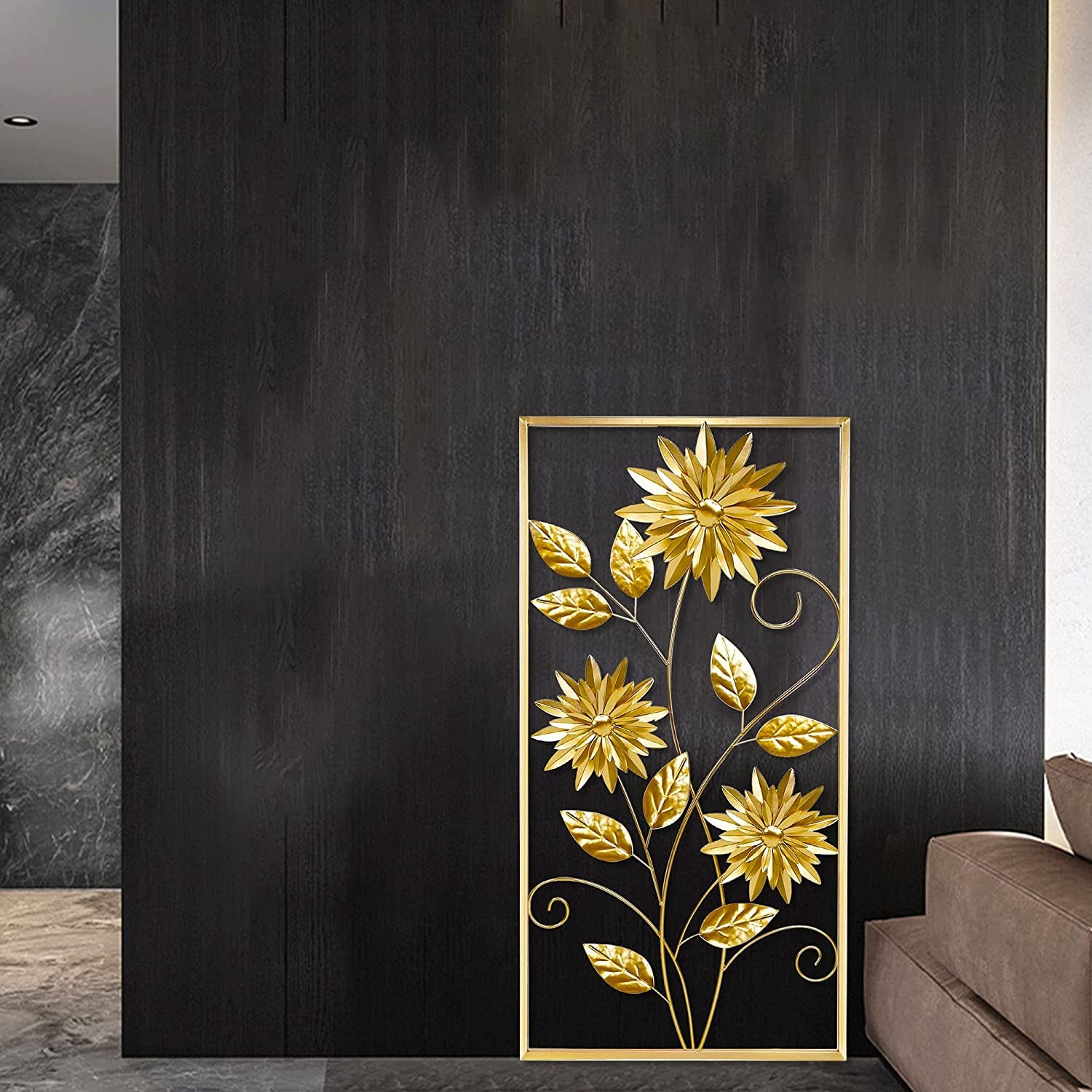 Gold Wall Sculptures, 39 Inch Golden Rectangular Metal Wall Decor with Frame, Gold Metal Flower Wall Art Sculpture for Living Room, Bedroom, Office, Study, Large (Golden-1 Pack)