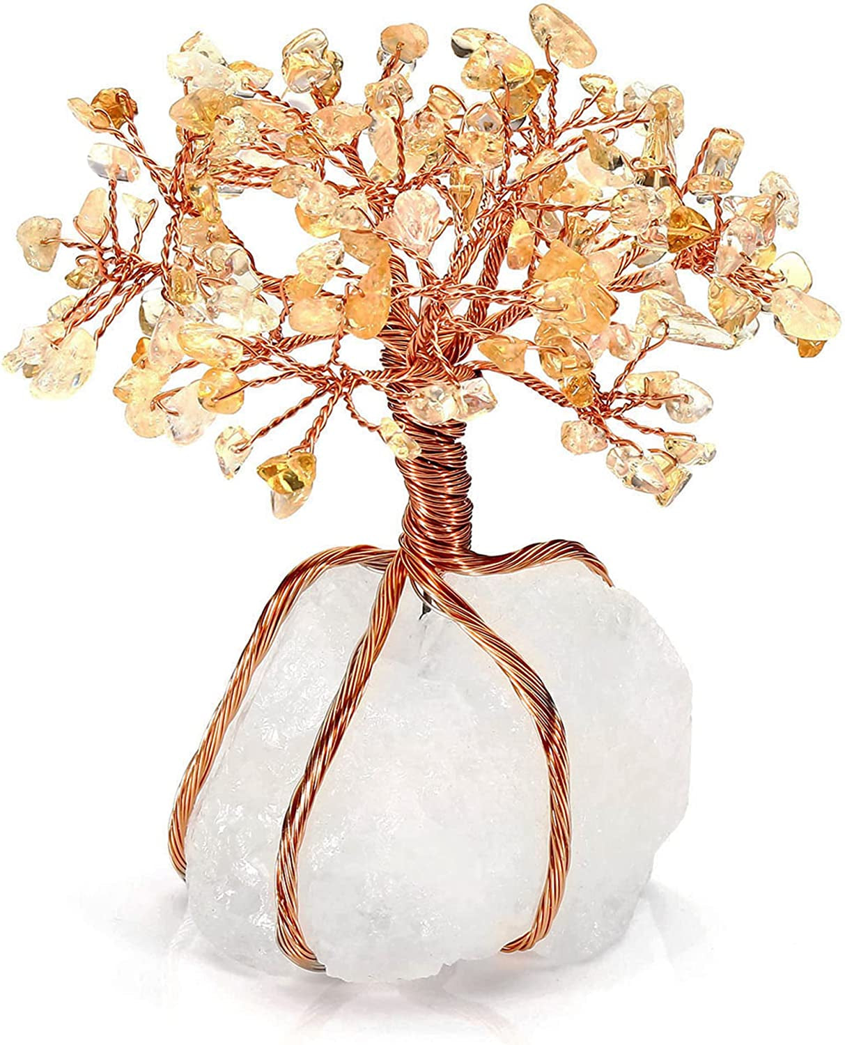 Chakra Healing Yellow Crystals Copper Tree of Life Wrapped on Natural Clear Quartz Crystal Base Feng Shui Luck Figurine Decoration
