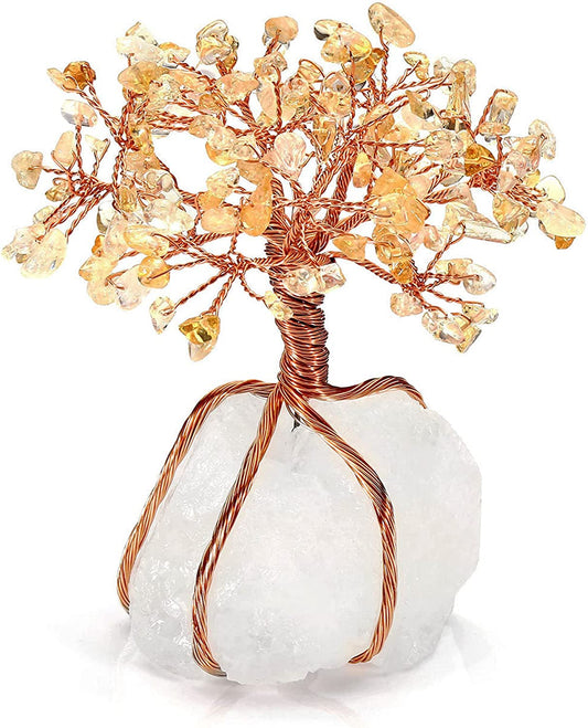 Chakra Healing Yellow Crystals Copper Tree of Life Wrapped on Natural Clear Quartz Crystal Base Feng Shui Luck Figurine Decoration