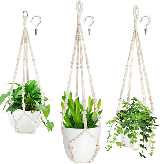 3 Pack Macrame Plant Hanger Indoor Hanging Planters + 3 Pcs Hooks, Handmade Hanging Plant Holder Baskets Stand Flower Pot Holder with Wood Beads for Indoor Outdoor Boho Home Decor (3 Sizes)