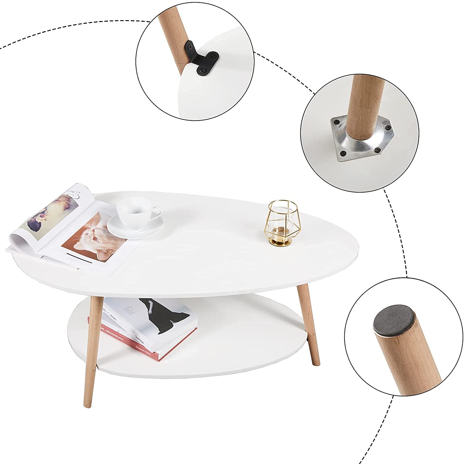 Coffee Table-Oval Wood Coffee Table with Open Shelving for Storage and Display 2 Tier Sofa Table, Small Modern Furniture for Living Room&Home Office-White
