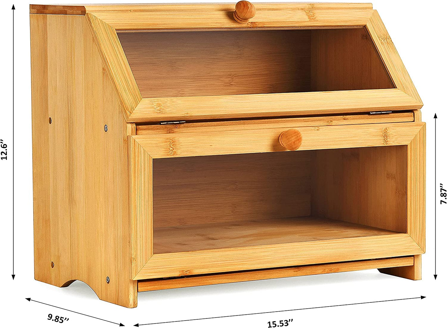 Double Compartment Bread Box - Extra Large Bamboo Bread Box for Kitchen Countertop, with Clear Window, Farmhouse Style Double Layer Bread Storage Bin Holder (Self-Assembly)