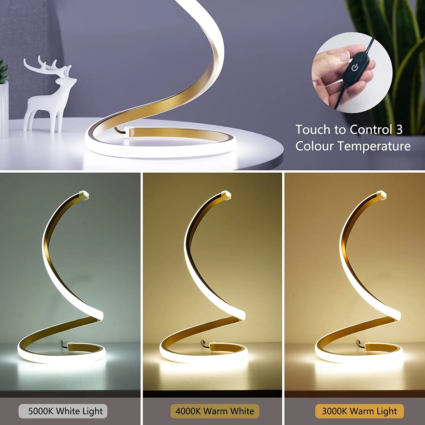 Spiral LED Table Lamp, Modern 3 Colors Dimmable Desk Lamp with Minimalist Lighting Design & Touch Controller, Creative Stylish Smart Lamp for Bedroom, Office, Home (Gold)