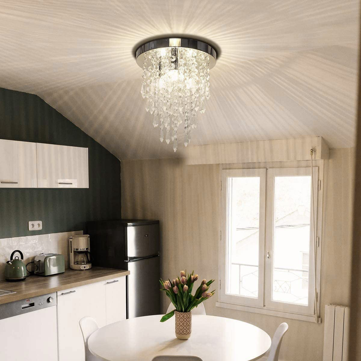 3 Lights Mini Crystal Flushmount Chandelier Fixture, Crystal Ceiling Lamp, H10.4" X W9.8", Elegant Modern Flush Mount Ceiling Light for Bedroom, Hallway, Bar, Living Room, Dining Room, Chrome(G9 Base)