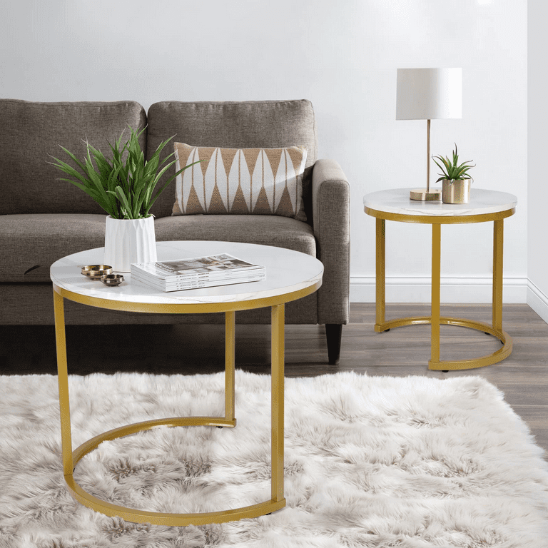 Amzdeal Modern Round Nesting Coffee Table,Set of 2, Marble