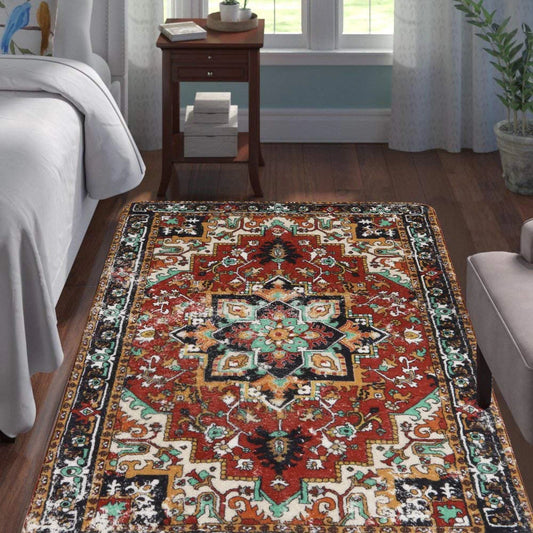 Collection Traditional Oriental Area Rug - 3’ X 5’ Faux Wool Non-Slip Area Rug Accent Distressed Throw Rugs Floor Carpet for Living Room Bedrooms Laundry Room Decor (3’ X 5’, Red)