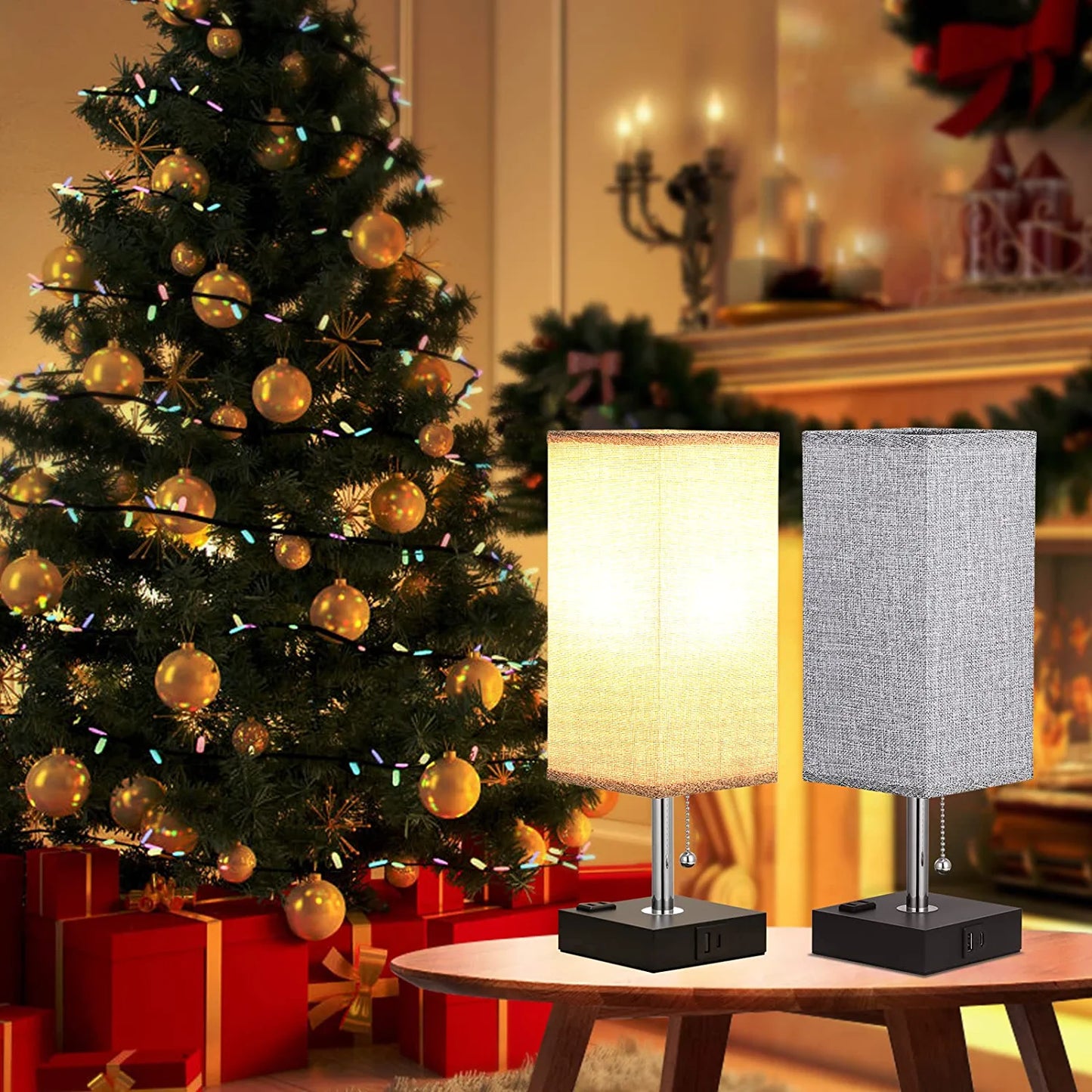 Bedside Lamps for Bedrooms Set of 2 - Table Lamps for Nightstand with USB Ports, Small Night Stand Light Lamp with Grey Fabric Shade for End Table Living Room Home Office Study Room (2 Pack)