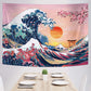 The Great Wave Tapestry Japanese Ocean Wave Wall Decorations Cherry Blossom Tree Backdrop Sunset Tapestry Wall Hanging Kanagawa Tapestry for Japanese Party Home Decorations (59 X 78.7 Inch)