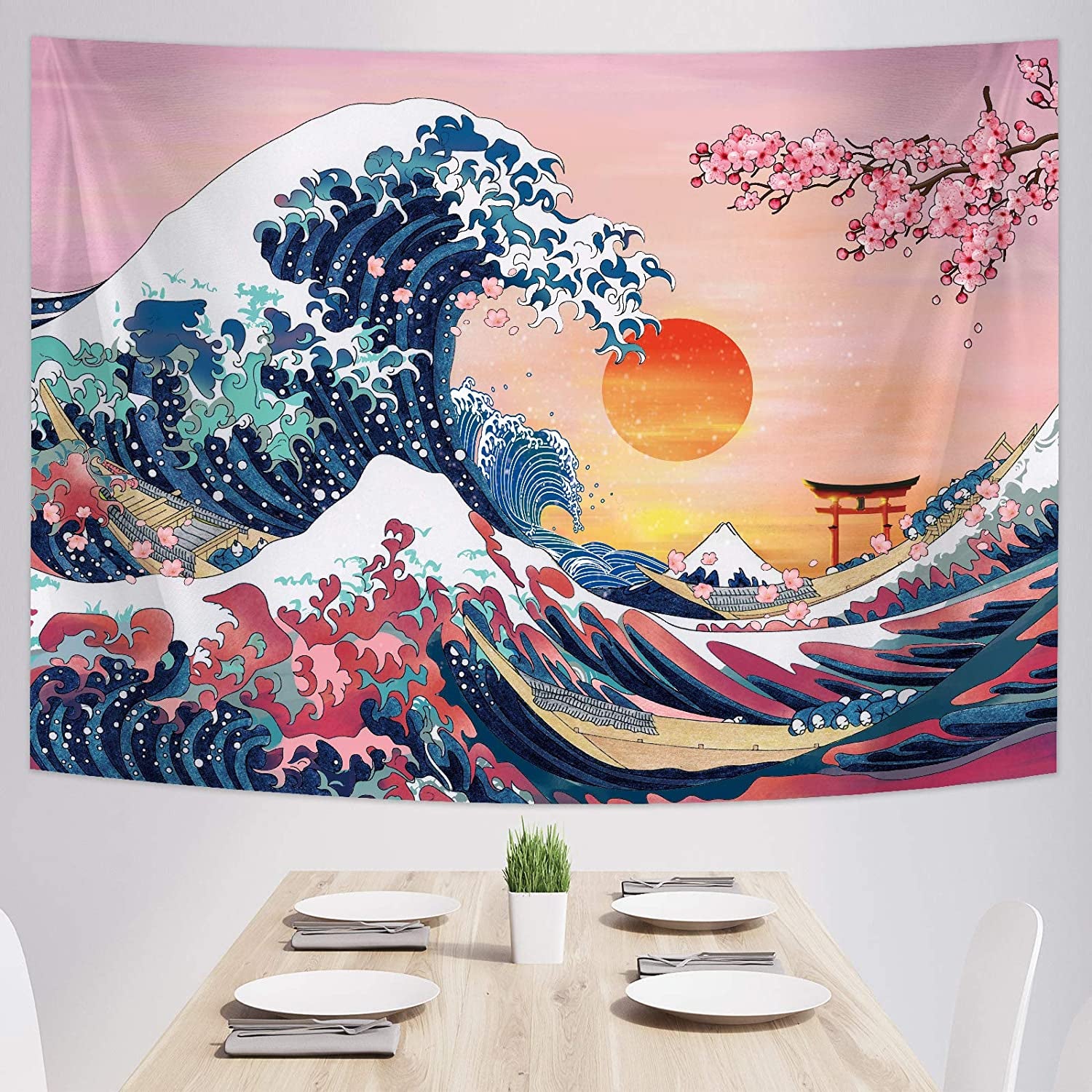 The Great Wave Tapestry Japanese Ocean Wave Wall Decorations Cherry Blossom Tree Backdrop Sunset Tapestry Wall Hanging Kanagawa Tapestry for Japanese Party Home Decorations (59 X 78.7 Inch)