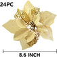 24 PCS Gold Poinsettia Artificial Flowers Glitter Christmas Tree Ornaments for Xmas Wedding Party Wreath Decoration