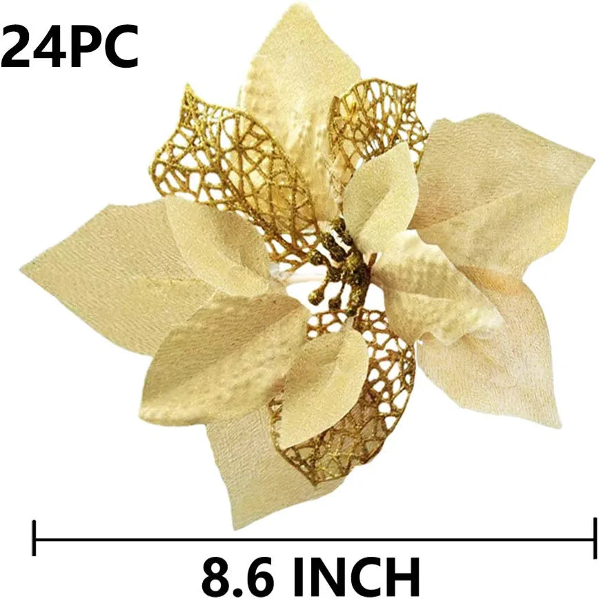 24 PCS Gold Poinsettia Artificial Flowers Glitter Christmas Tree Ornaments for Xmas Wedding Party Wreath Decoration
