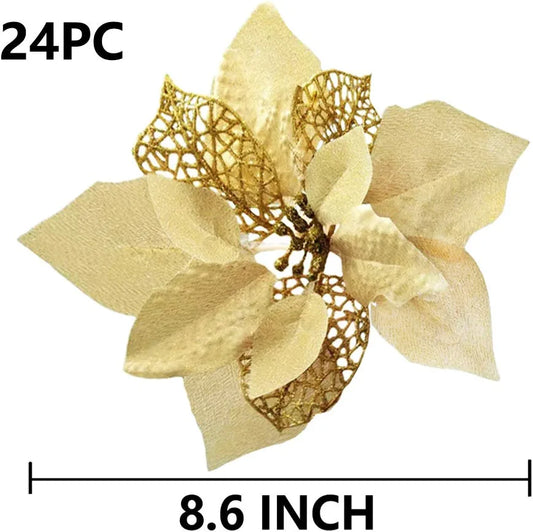 24 PCS Gold Poinsettia Artificial Flowers Glitter Christmas Tree Ornaments for Xmas Wedding Party Wreath Decoration