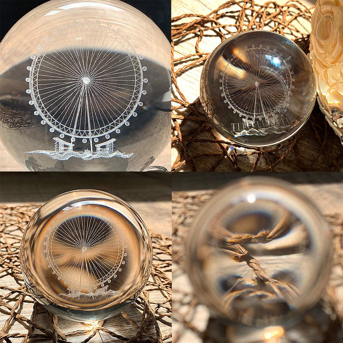 Crystal 2.4 Inch (60Mm) Carving Ferris Wheel Crystal Ball with Sliver-Plated Flowering Stand,Fengshui Glass Ball Home Decoration