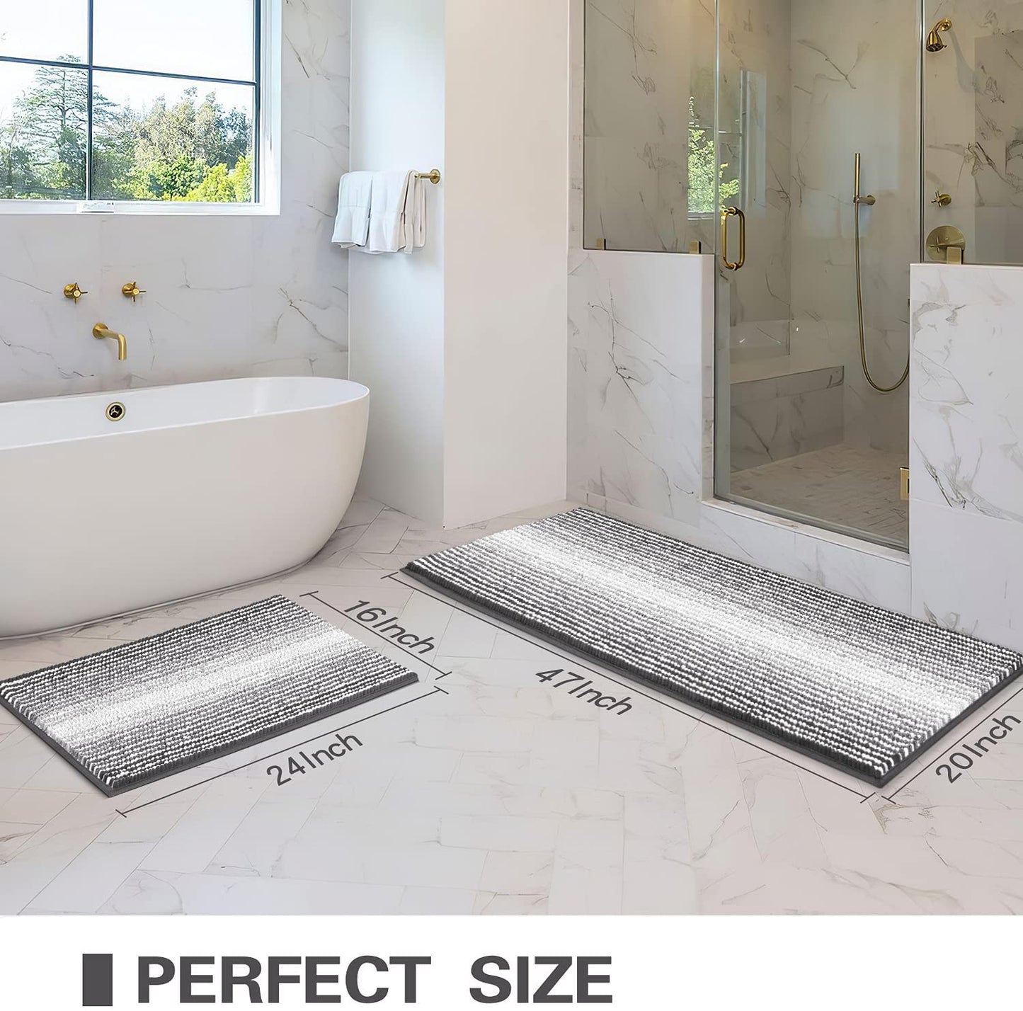 Bathroom Rugs and Mats Sets, 2 Piece Thick Absorbent Chenille Bath Mat Rug Set Non Slip, Soft Shaggy Bath Room Floor Mats for Bathroom, Machine Washable (20" X 47" plus 16" X 24", Gray)