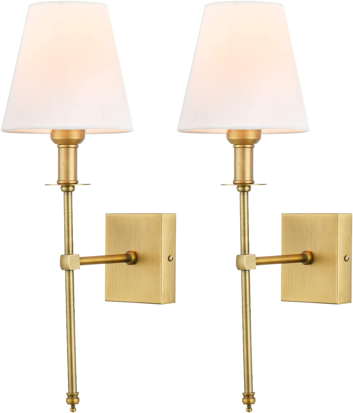 Wall Sconces Sets of 2, Brushed Brass Sconces Wall Lighting with Fabric Shade, Column Stand Bathroom Vanity Light Fixture for Hallway, Entryway, Passway Kitchen, Gold