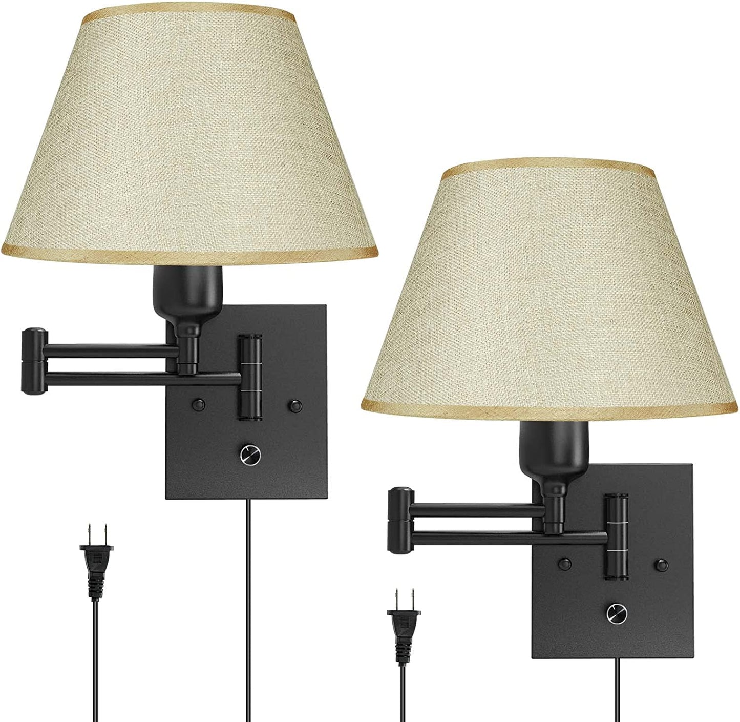 Plug in Wall Sconces Set of 2, Dimmable Swing Arm Wall Lamp with Fabric Shade Wall Light Fixtures Wall Mounted Lighting Reading Light Fixture for Bedside Bedroom Indoor Doorway