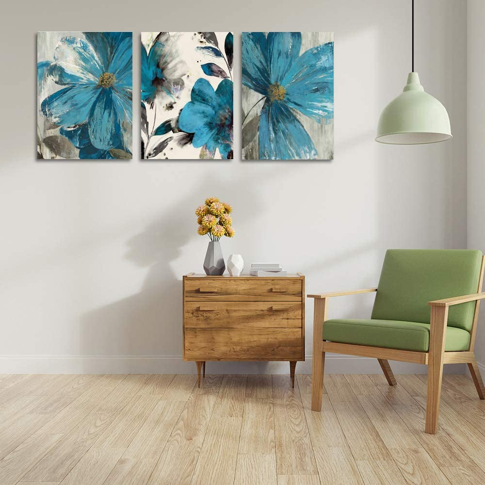 Flowers Poster Prints Wall Art Retro Abstract Floral Canvas Picture Wall Decor Painting Modern Artwork Wall Decoration for Bedroom Living Room Framed 12 X 16 X 3 Pieces, 12 X 16 Inch, Blue