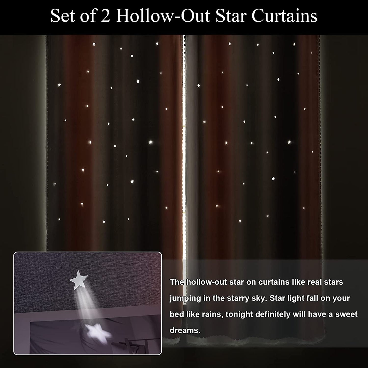 2 Panels Star Curtains for Girls Kids Bedroom, Light Blocking Princess Star Cut Out Curtain, Colorful Striped Voile Double Layer Window Curtain for Girls Room (52W X 63L, Pink/Grey)