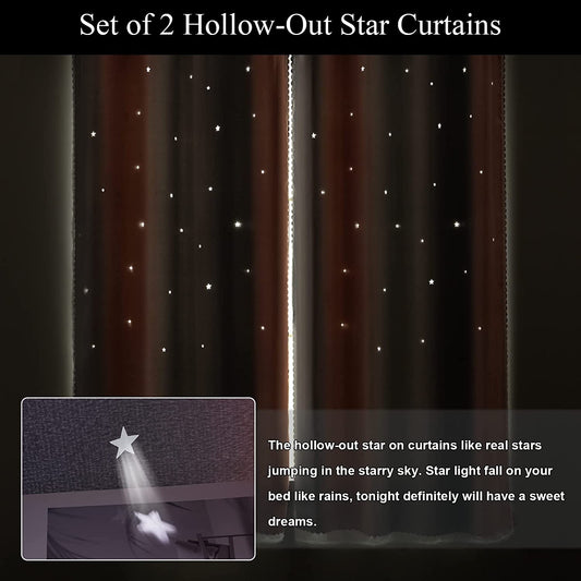 2 Panels Star Curtains for Girls Kids Bedroom, Light Blocking Princess Star Cut Out Curtain, Colorful Striped Voile Double Layer Window Curtain for Girls Room (52W X 63L, Pink/Grey)