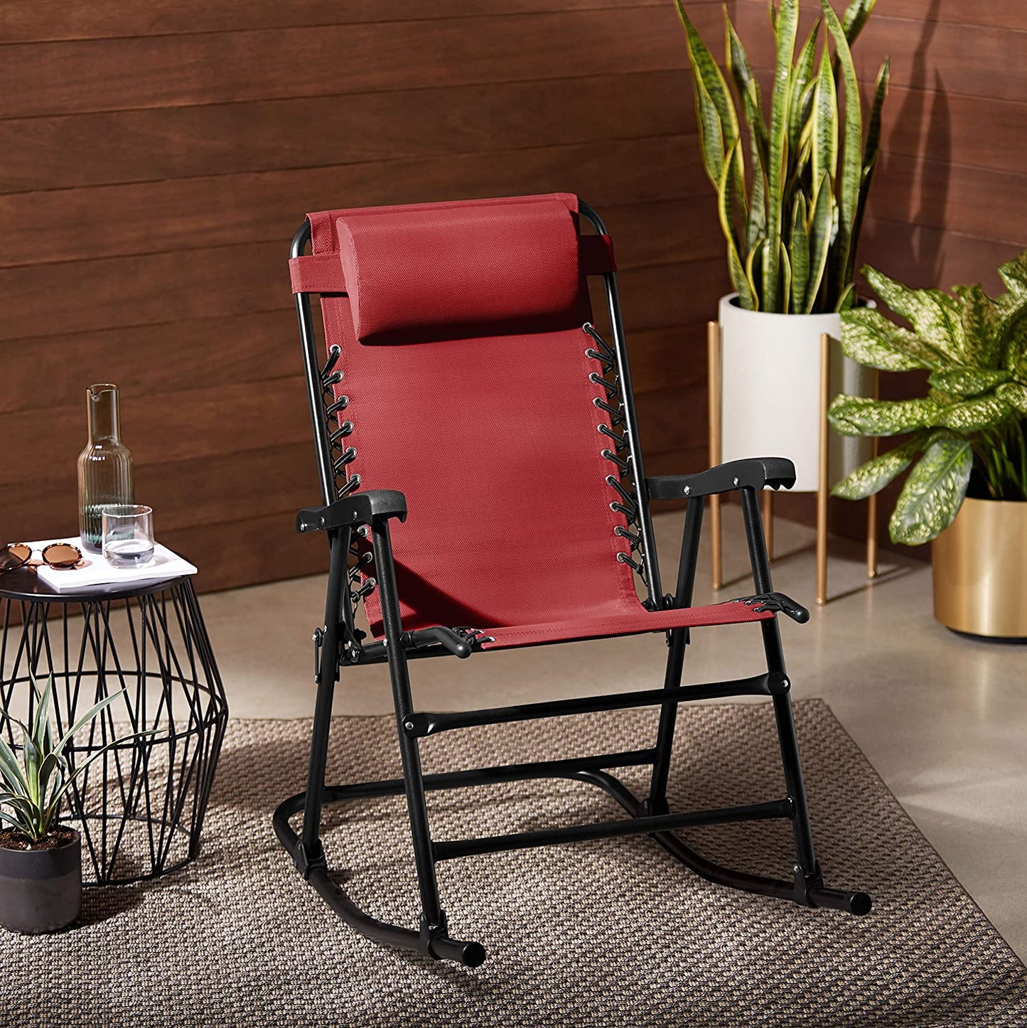 Outdoor Textilene Zero Gravity Folding Lounge Rocker with Pillow, Red