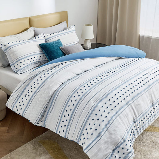 Bedsure Blue Twin Comforter Set - Boho Bedding Set , Reversible White Striped Tufted Farmhouse Twin Size Comforter Sets (68X88 Inches, 2 Pieces)