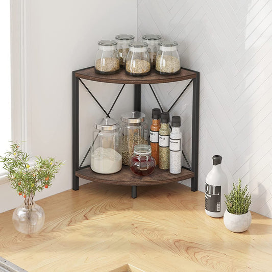 Rustic Corner Shelf for Desktop, 2 Tier Corner Storage Organizer, Freestanding Corner Shelf Stand Display Rack for Kitchen Counter, Cabinet, Living Room, 13’’ /L X 13’’ /W X 16.1’’ /H