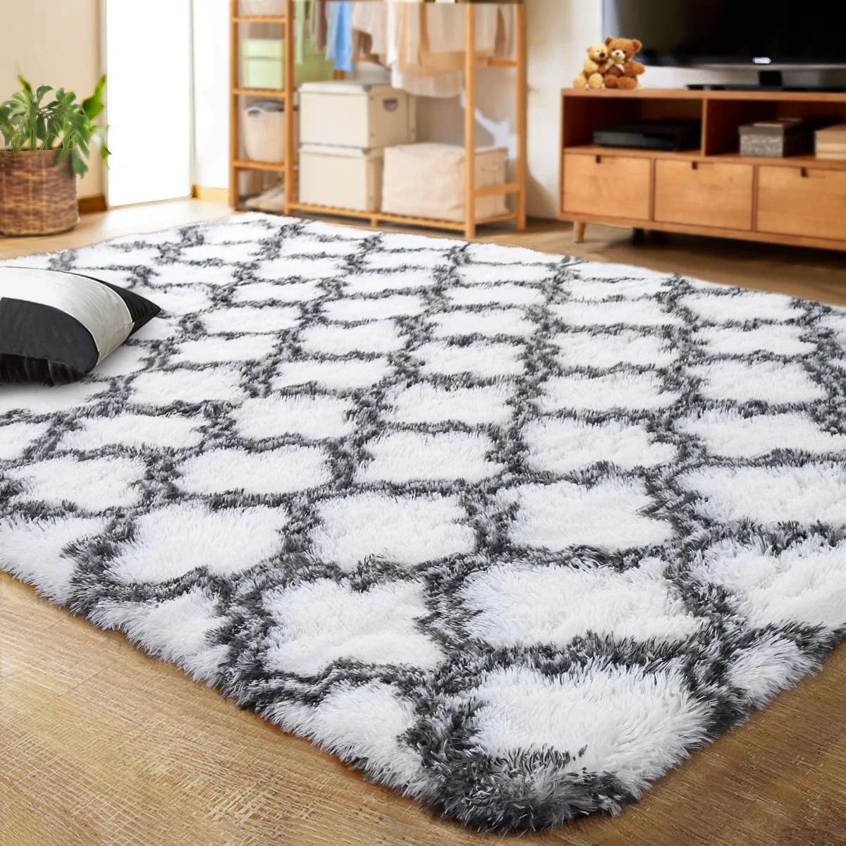 Luxury Shag Area Rug Modern Indoor Plush Fluffy Rugs, Extra Soft and Comfy Carpet, Geometric Moroccan Rugs for Bedroom Living Room Girls Kids Nursery, 5X8 Feet Grey/White