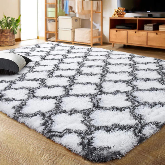 Luxury Shag Area Rug Modern Indoor Plush Fluffy Rugs, Extra Soft and Comfy Carpet, Geometric Moroccan Rugs for Bedroom Living Room Girls Kids Nursery, 5X8 Feet Grey/White