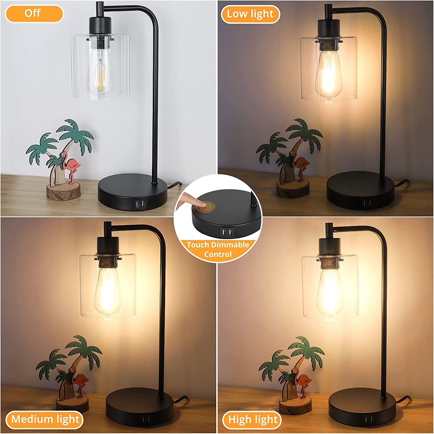 2-Pack Industrial Touch Control Table Lamp, 3 Way Dimmable 2 USB Charging Ports Bedside Nightstand Reading Lamp with Clear Glass Shade, 6W 2700K LED Bulb for Bedroom, Living Room