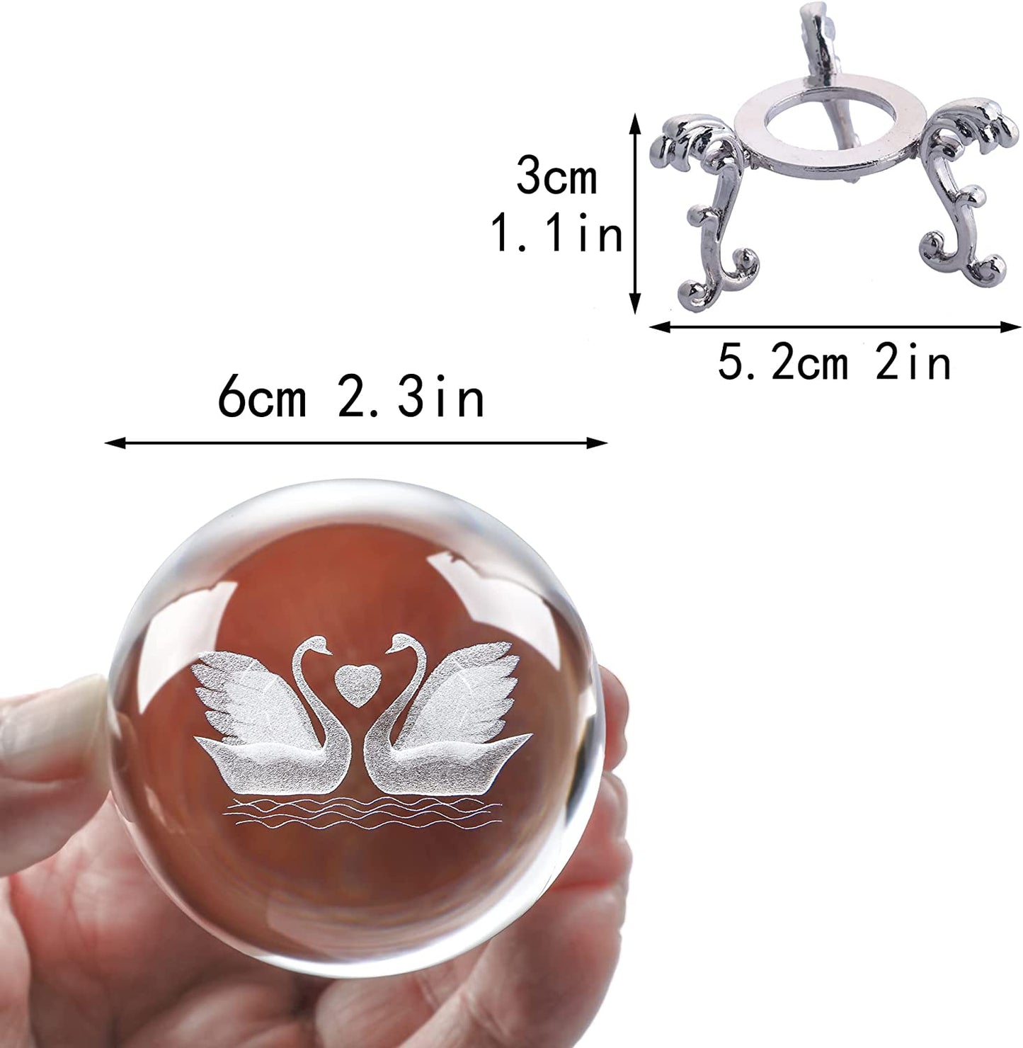 3D Engraving Crystal Double Swan Figurine with Love Heart Sphere 60Mm(2.3Inch) Crystal Ball Paperweight with Stand Base for Girls or Women