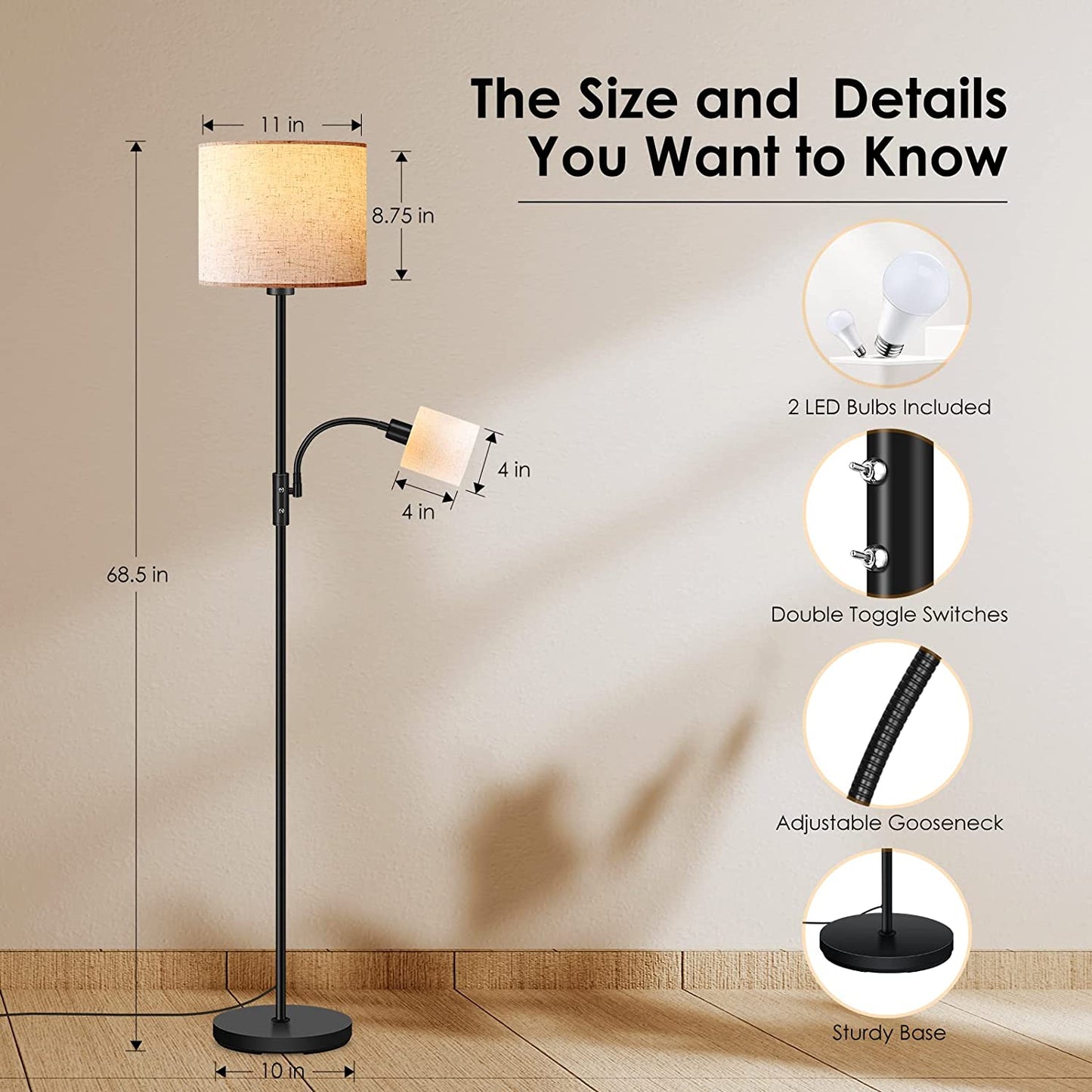 LED Floor Lamps for Living Room, 15W Dimmable Floor Lamp with 4W Adjustable Reading Light, 3000K Brightness Light, Modern Floor Lamp with Linen Lampshade,Led Standing Lamp for Bedroom,Office,Farmhouse