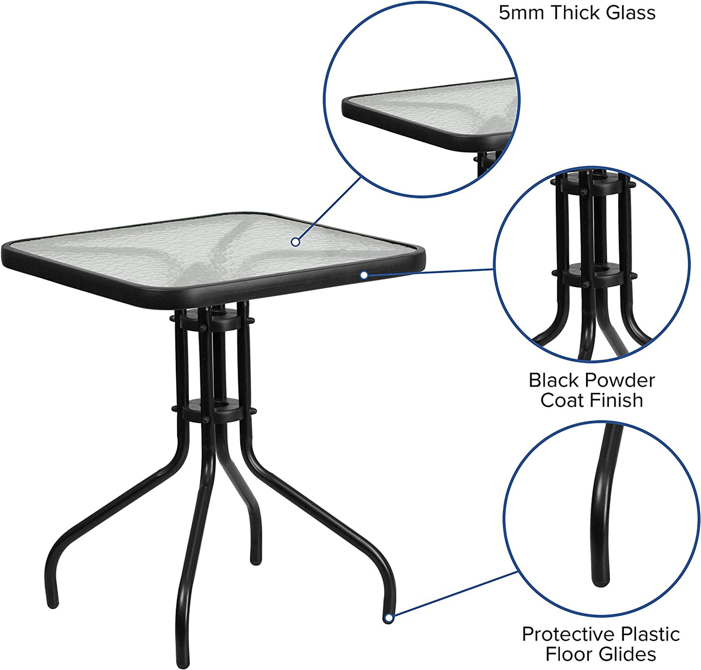23.5'' Square Tempered Glass Metal Table