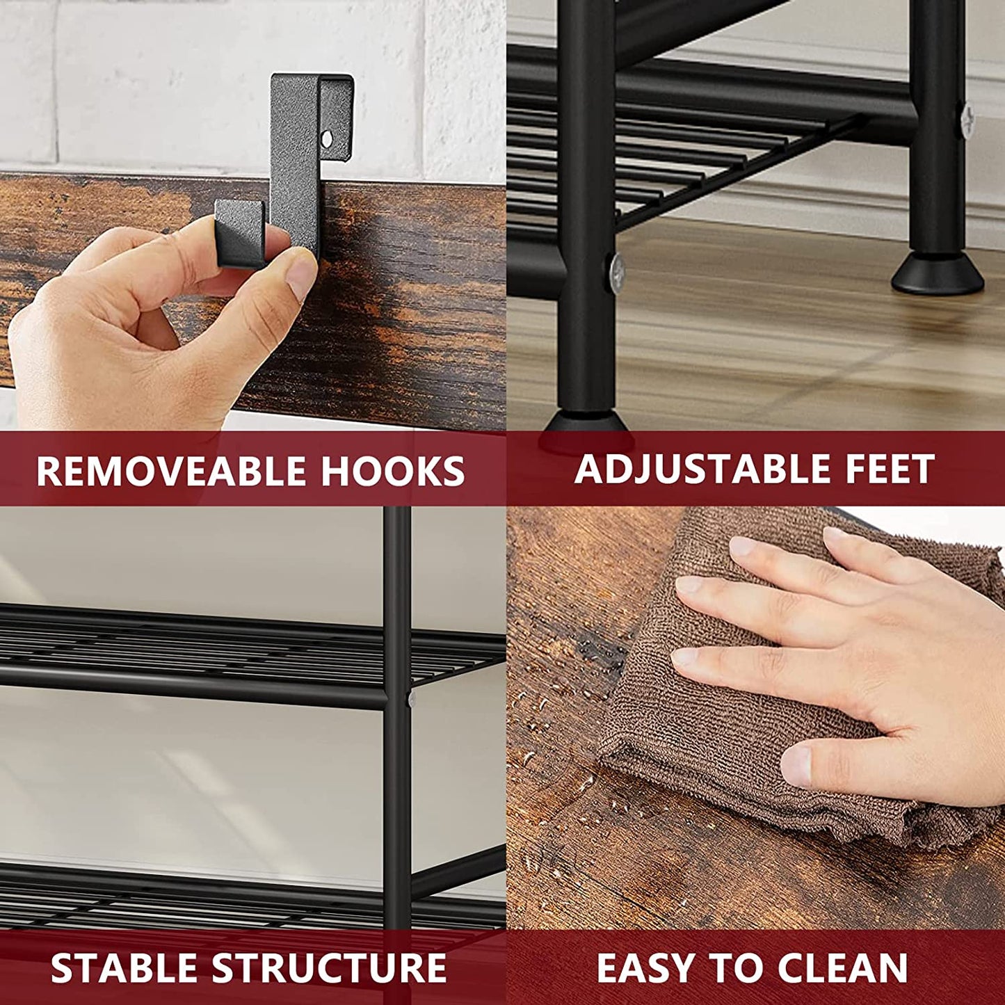 Coat Rack Shoe Bench 3-In-1 Hall Tree with Bench and Shoe Storage for Entryway Heavy Duty MDF Stand Coat Rack Industrial Accent Furniture with Metal Frame, Black (Rustic Black)