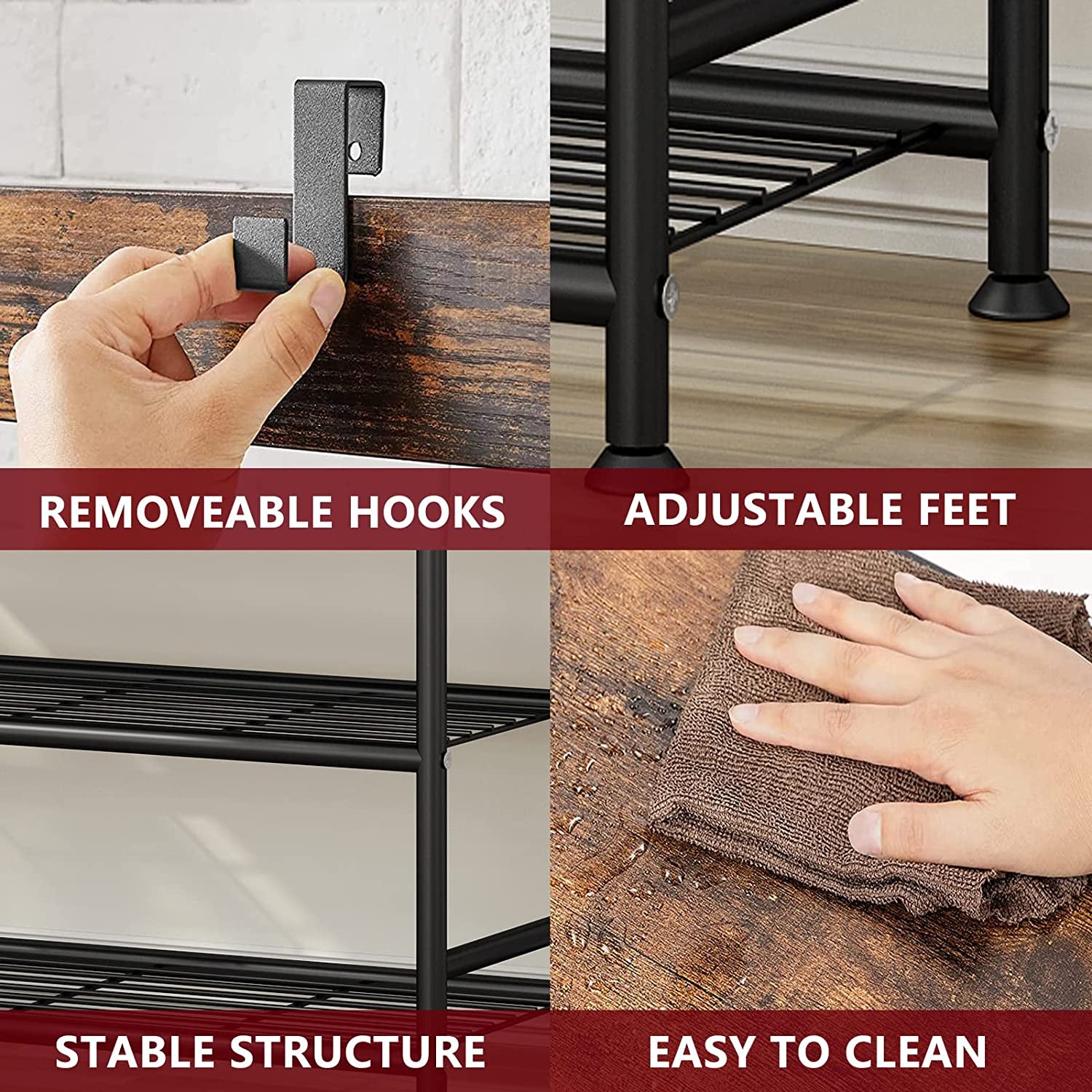 Coat Rack Shoe Bench 3-In-1 Hall Tree with Bench and Shoe Storage for Entryway Heavy Duty MDF Stand Coat Rack Industrial Accent Furniture with Metal Frame, Black (Rustic Black)