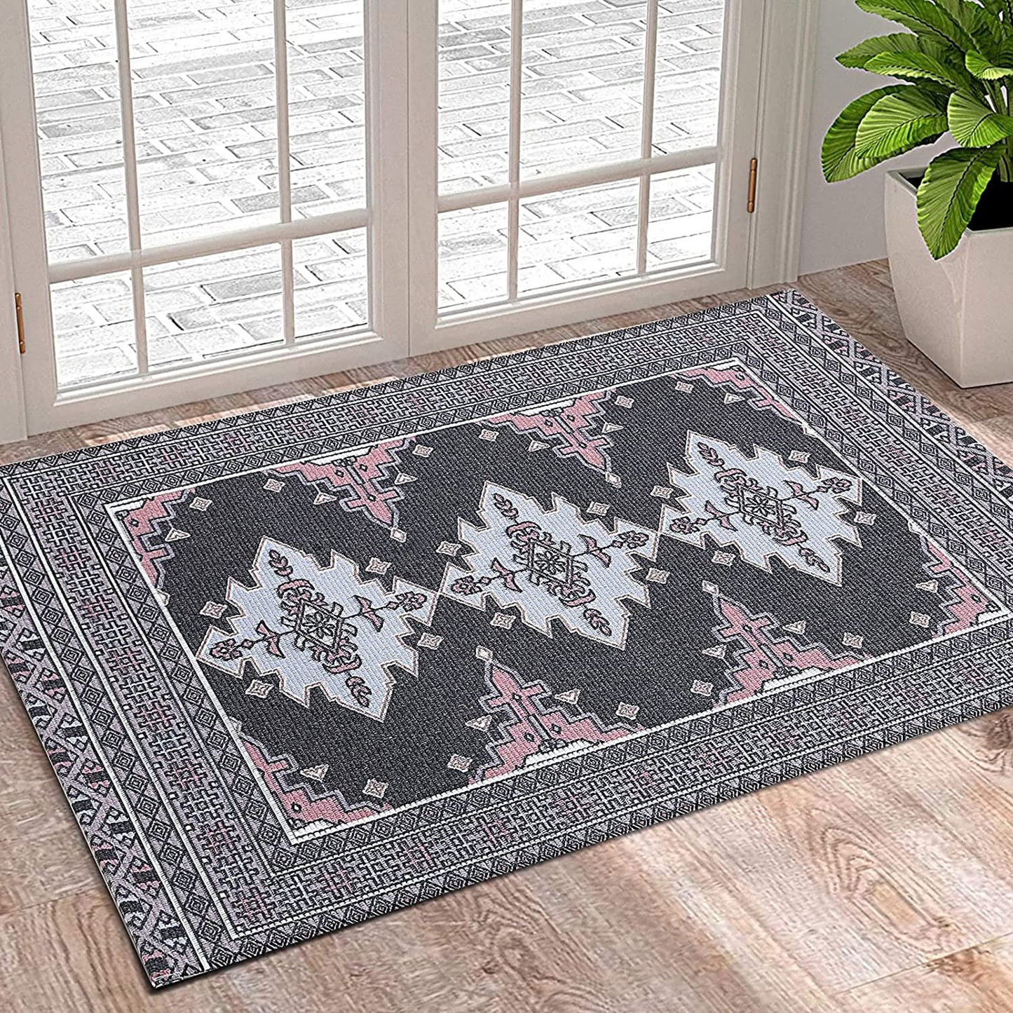 Persian Tribal Throw Rugs with Non-Slip Pad, Aztec Ethnic African Oriental Small Cotton Area Rug 2X3, Distressed Kilim Rug Floor Carpet for Kitchen Bathroom Washable (Charcoal Grey, 2X3)