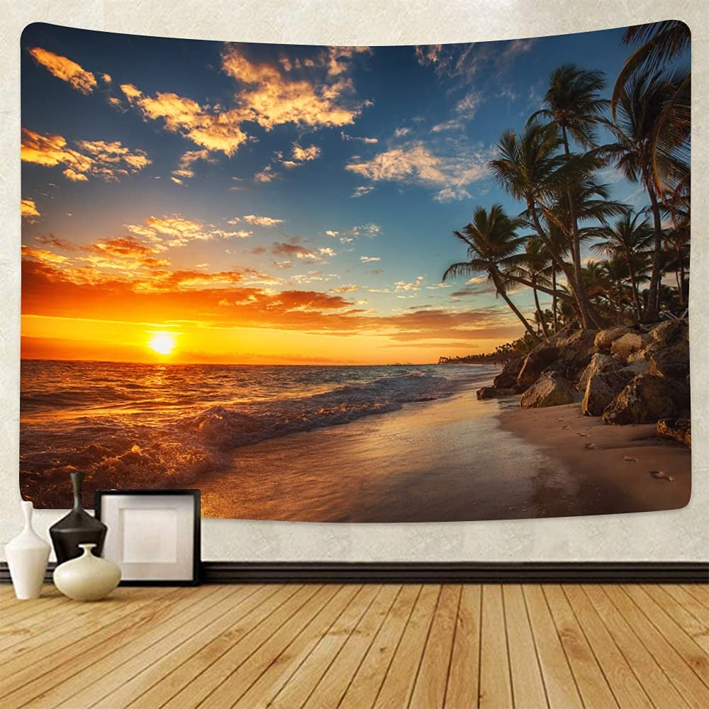 Ocean Tapestry Wall Hanging Art Tapestry Exotic Nature Beach Palm Tree Sunrise Sunset Sky Landscape Aesthetic Tapestry Wide Wall Hanging for Bedroom Living Room Dorm (51 X 59Inch)