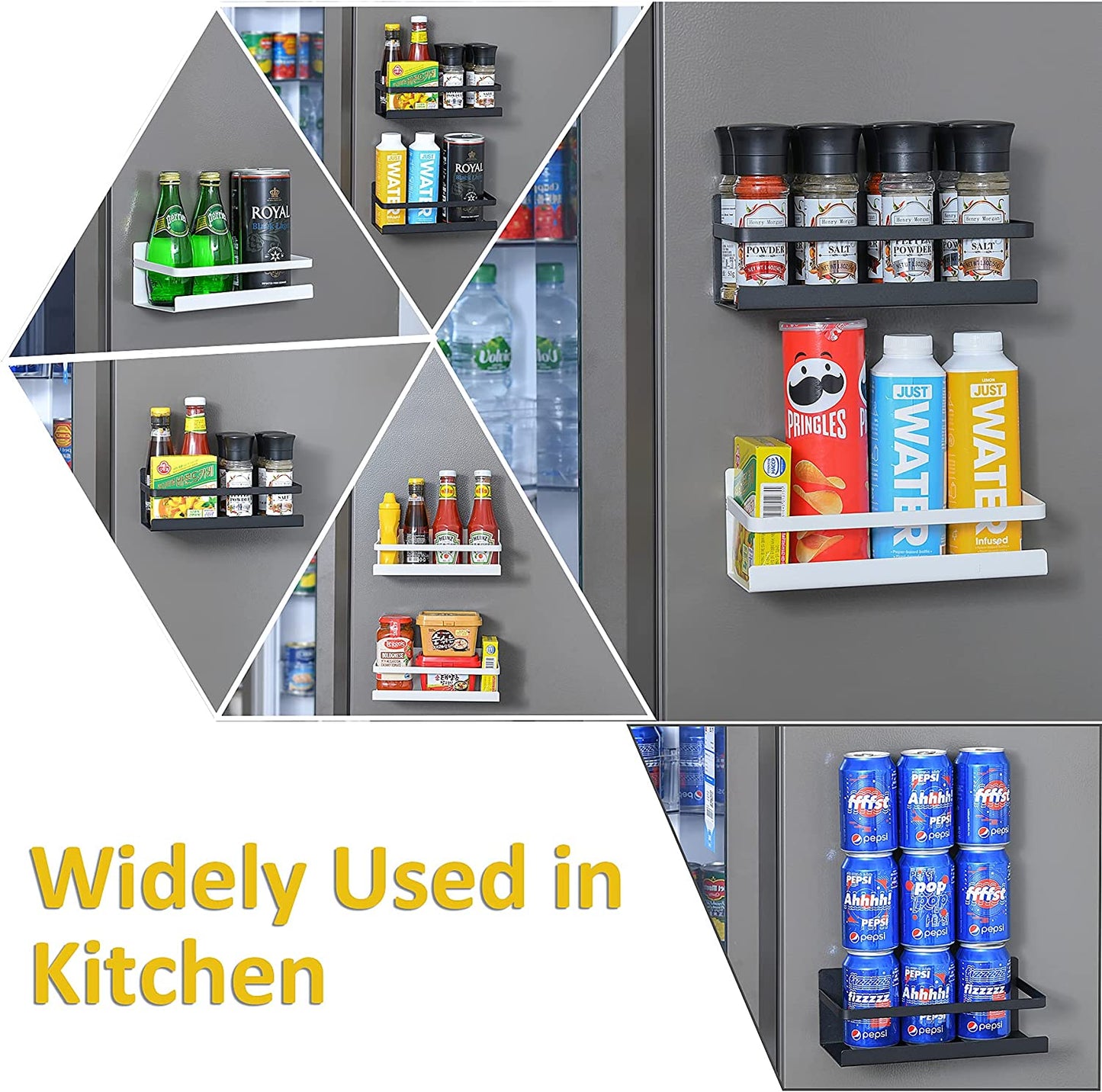 Fridge Magnet Organizer Magnetic Spice Rack with Four Removable Hook Refrigerator Shelf Rack Black (2 Pack)