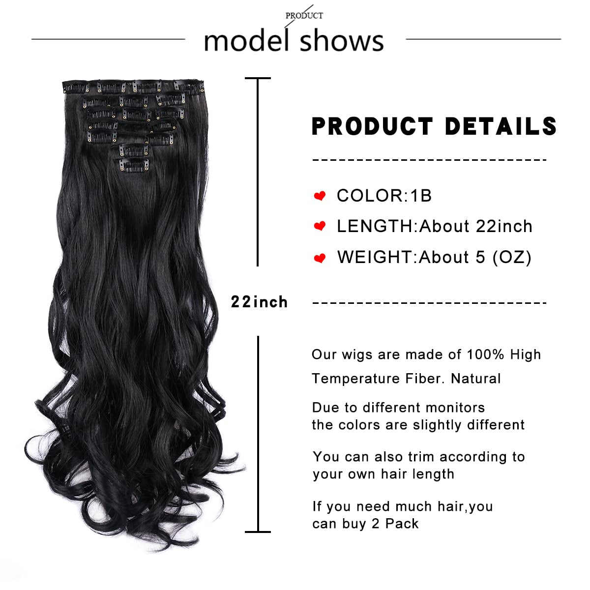 Clip in Hair Extensions 22 Inche Hairpieces 7 Pieces/Set Clip on Hair Extension Heat Resistant Synthetic Fiber for Women Daily Use Hair Make Clip Hair Extensions（Natural Black）