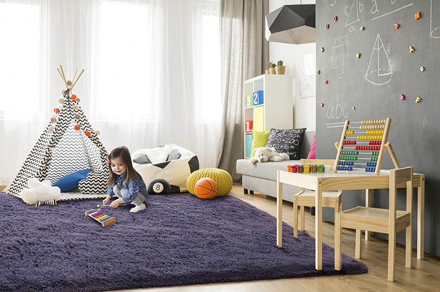 Super Soft Shaggy Rugs Fluffy Carpets 3X5 Feet, Indoor Modern Plush Area Rugs for Living Room Bedroom Kids Room Nursery Home Decor, Upgrade Anti-Skid Durable Rectangular Fuzzy Rug, Grey Purple