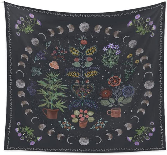 Plant Tapestry, Nature Moon Phase Tapestry Wall Hanging, Bohemian Mandala Tapestry Aesthetic Bedroom Decor, Botanical Tapestries Suitable for Bedroom Home Dorm---50" X 60"