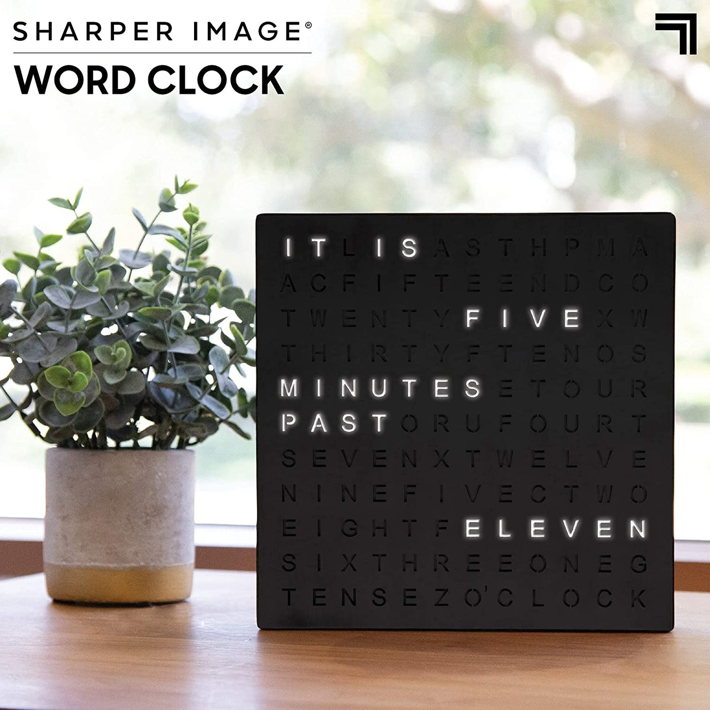 SHARPER IMAGE Light up Electronic Plug-In Word Clock, Black Finish with LED Light Display, USB Cord and Power Adapter, Unique Contemporary Home and Office Décor, Accent Desk Clock