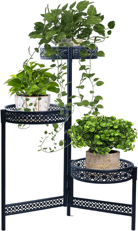 Metal Plant Stand Shelf Indoor Outdoor, 3 Tier Tall Corner Flower Pot Holder Stands Shelves for Plants Multiple, Vertical Tiered Planter Rack for Patio, Living Room, Balcony, Black