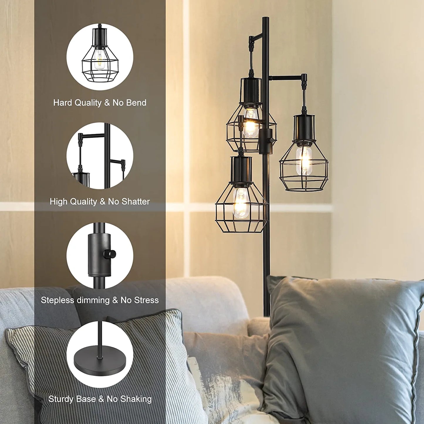 Industrial Floor Lamp, Dimmable Farmhouse Standing Lamp for Living Room, Sturdy Base, Rustic Tall Tree Reading Lamps Home Decor for Bedroom, Office, Black (3 LED Edison Bulbs Included)
