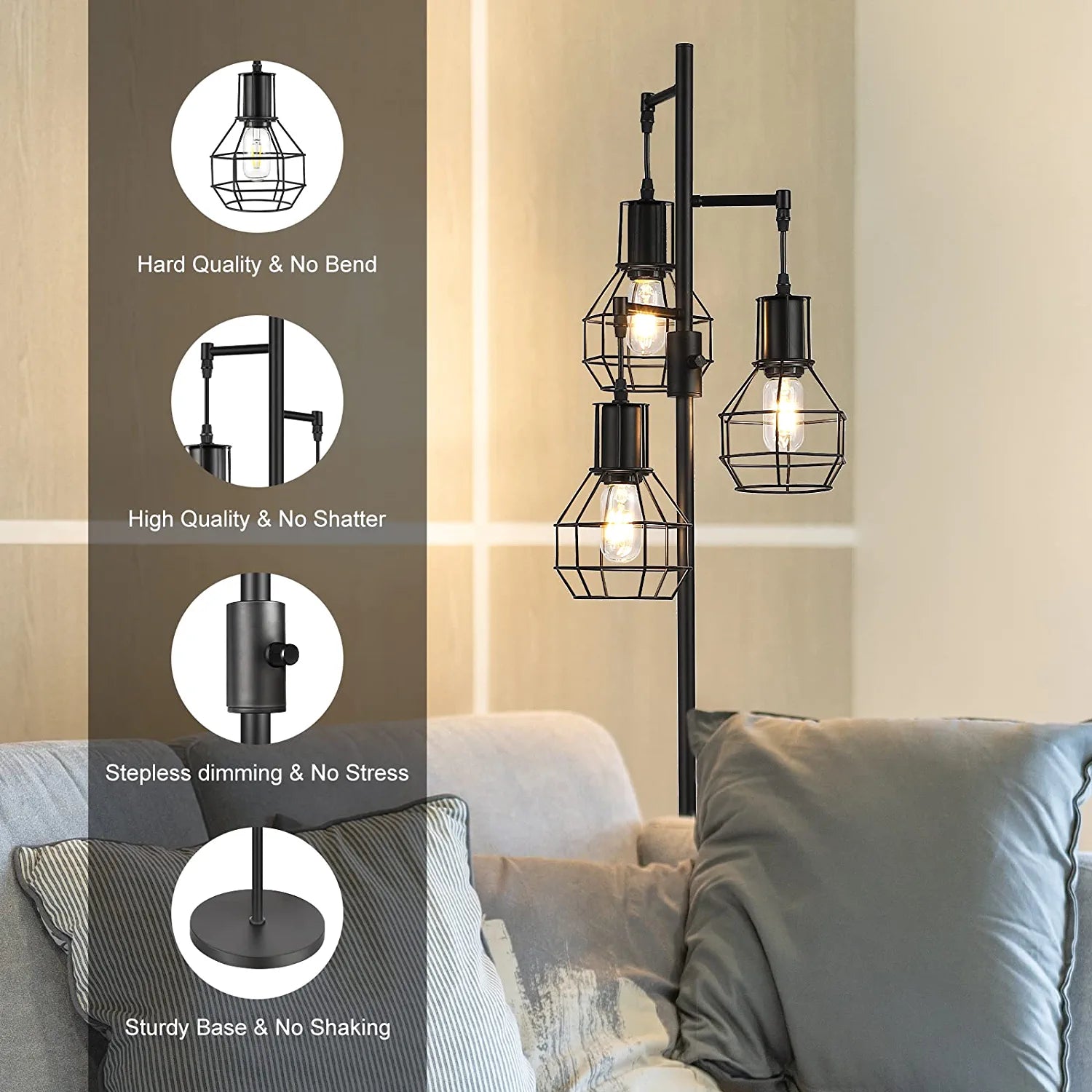 Industrial Floor Lamp, Dimmable Farmhouse Standing Lamp for Living Room, Sturdy Base, Rustic Tall Tree Reading Lamps Home Decor for Bedroom, Office, Black (3 LED Edison Bulbs Included)