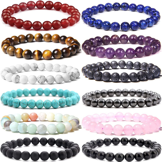 12 Pcs 8Mm Gemstones Beaded Bracelets for Men Women Stone Bead Healing Stretch round Bead Crystal Semi-Precious Bracelets Unisex