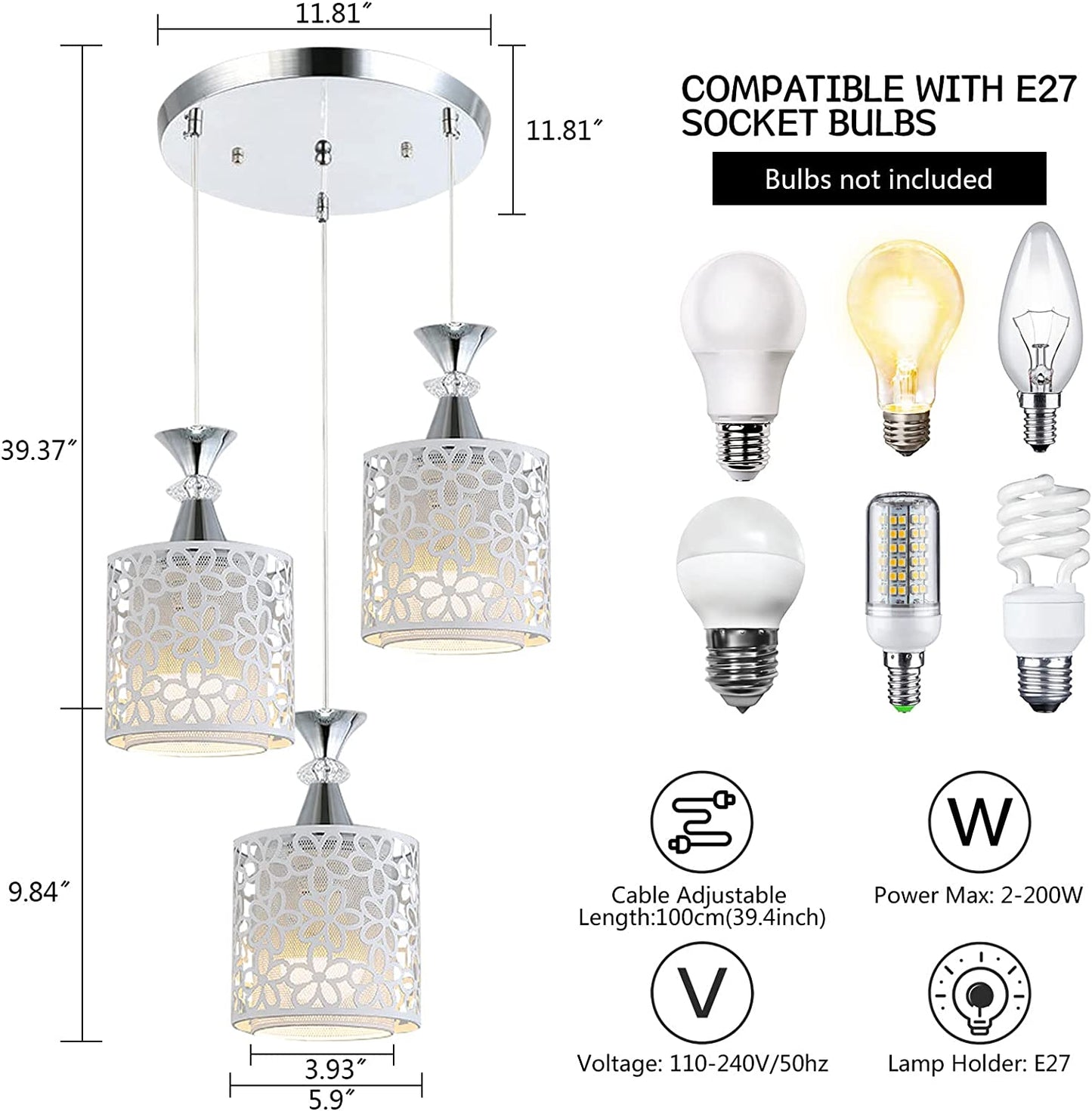 NOPTEG 3 Lights Modern Petal Ceiling Light LED Pendant Lamp Dining Room Chandelier (White)