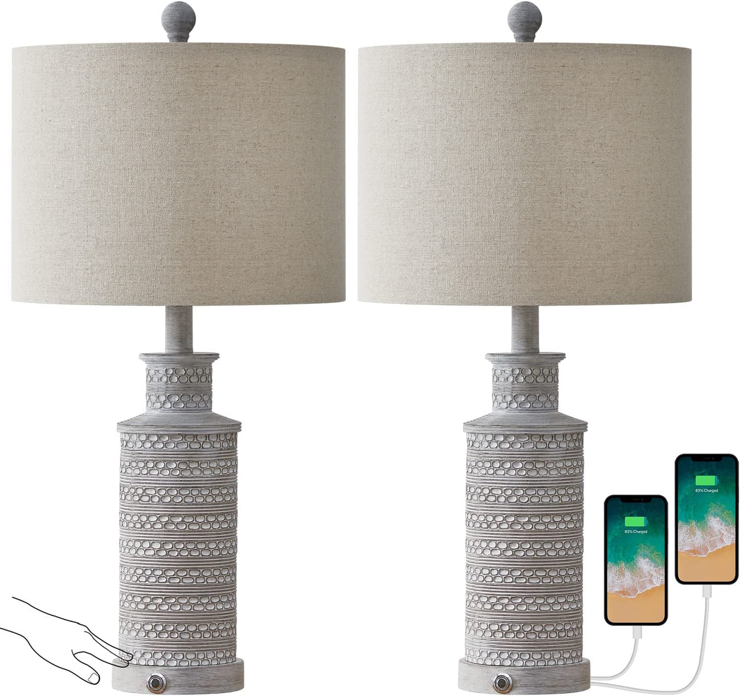 3-Way Dimmable Touch Control Table Lamp Set of 2 with Dual USB Charging Ports for Bedroom Living Room Vintage Rustic Farmhouse Traditional Nightstand Bedside Lamps(Bulbs Included)